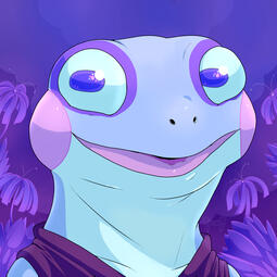 A purple and blue Grippli (frogfolk) with large pink cheek circles smiles at the viewer. Glowing purple flowers bloom around him.