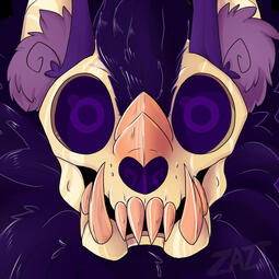 A feline-insectoid creature with a gold skull for a face looks directly at the viewer. Its long ears, mohawk, and fluffy neck fur appear intact.