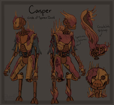 A rust and brass colored Warforged/Aeormaton with fungus growing in patches on their armor. Their face resembles a skull, and a tattered mantle hands around their shoulders. The fungus looks like cordyceps and covers their greatclub as well.