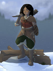 A dwarven woman with a serious expression steps down from a stone onto the snowy ground. She wields a vine-covered wooden club and a small wooden shield. She has vine tattoos on her arms, neck, and jaw, and facial piercings.