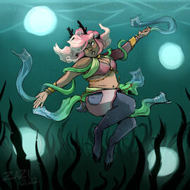 A sketch of a satyr with long pink hair and a dancer's outfit, dancing underwater over a bed of seaweed. The scene is lit by fairy lights. The satyr's garments are decorated with musical notes, they float and twirl in the water.