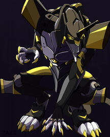 A mech fashioned after an anthropomorphic wolf in an action landing pose, knife-claws extended for battle. The design is inspired by the EVA units from Hideaki Anno & GAINAX's Neon Genesis Evangelion.