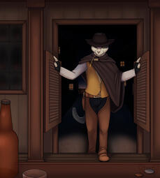 At a saloon, on a night lit by oil lamps, an anthropomorphic white-and-grey cat swings the saloon doors open. He is wearing a poncho, vest, chaps, revolver holster, and a cowboy hat. A piece of wheat sticks out of his mouth.