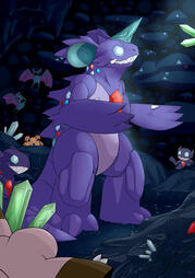 In a crystalline cave, several Pokemon surround a large, spiny purple Pokemon. This Pokemon has large ears, gemstones growing from its body, a large crystal head horn, and diamonds for eyes.