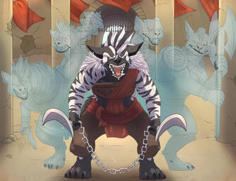 In an arid sandstone arena, a striped Gnoll with a long mohawk threatens her foes with her dual chained sickles. Behind her, ghostly images of her ancestors ready their weapons for battle.