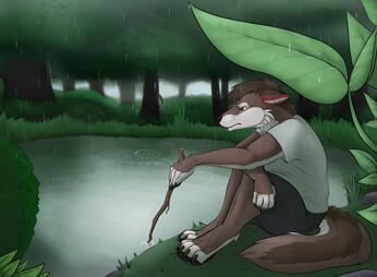 A coyote sits at the edge of a forest pond, looking despondent. A large leaf shelters him from the rain as he pokes at the water with a stick. Rain makes ripples in the pond and has brought in fog.