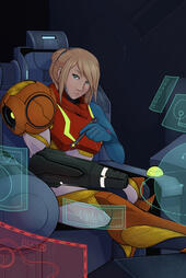 Samus Aran (Metroid) sits casually in the cockpit of her gunship as she tinkers with her Varia suit. Her left arm and hear are free from her armor for easier maneuvering. Her eyes dart to a red holographic screen in the lower left.