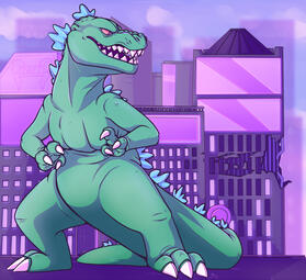 A giant green Reptar (Rugrats) rampages through the city. He is snarling and looking offscreen.