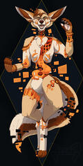 An anthropomorphic fennec fox, bisected and beheaded cartoonishly. His rib-cage is partially visible, deep cuts are on his arms and legs. His insides are orange and pixellated, with a shiny orange skeleton. He is smiling.