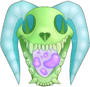 A green hyena skull with light blue curled horns. Its mouth hangs open and glowing magenta goo floats inside.