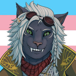 A Hrothgar woman grinning in front of a trans pride flag.