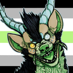 A hyena-faced monster with insectoid mandibles, smiling open-mouthed and wide-eyed. An agender pride flag is in the background.