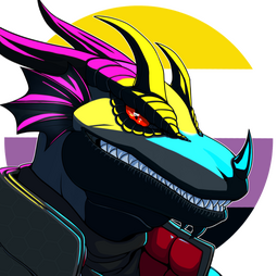 An anthro lizard smiling pridefully in bright neon light. The lights are in the color of the pansexual pride flag, and there is a nonbinary pride flag behind him.
