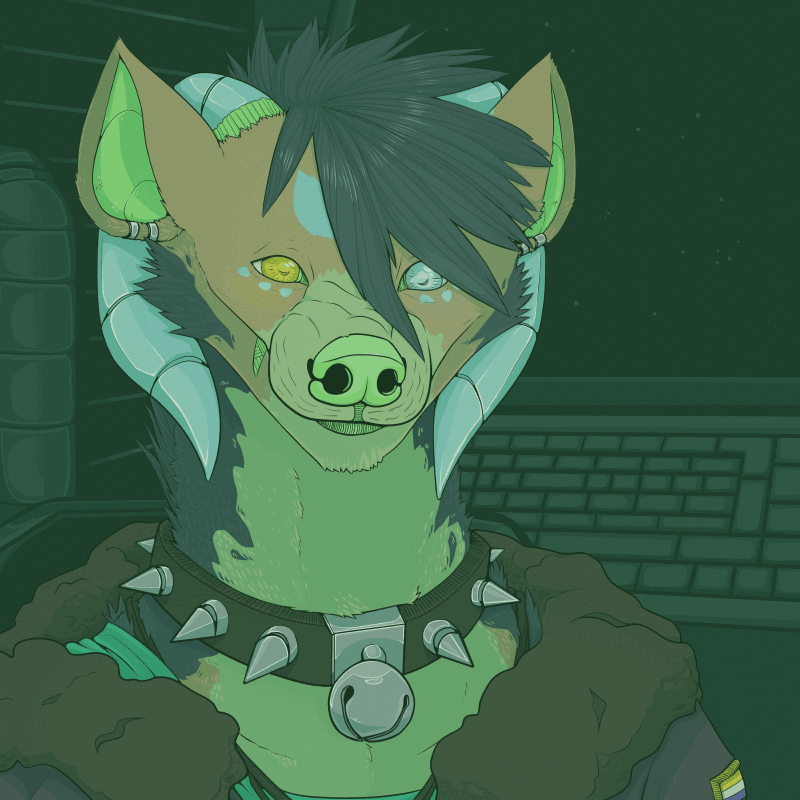 An anthro hyena monster, blinking and talking. They're sitting next to a sci-fi console of some kind.