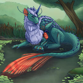 A young water dragon with teal carp scales and orange fins basks in a shallow marsh. His horn, claws, and spines that peek out from his thick white mane are made of sapphire. More sapphire adorns his flank.