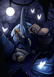 In the hidden Stag Nest, the Last Stag rests among the eggshells and fireflies. Two grubs cuddle up to the stag's head, one sleeping and another reaching for the lamp above them.