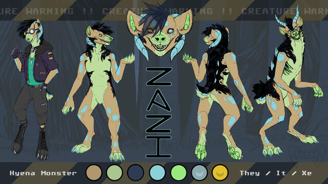 A hyena-like creature with glowing eyes and curled horns in a clothed, front, headshot, back, and alternate "monster" view. They have blue horns and glowing eyes. Their left eye is a cloudy grey.