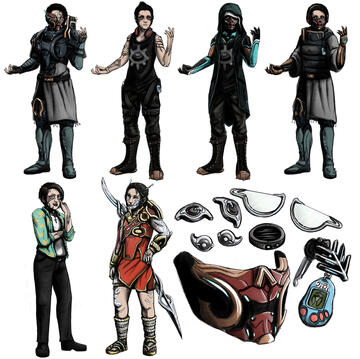 a reference sheet for an OC drifter from Warframe. There are 6 different outfits and a cluster of accessories, based on things form the game.