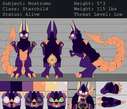 A fuzzy purple alien with long ears and a segmented tail seen in a front, back, and side view. The alien has eyes that mimic images, examples in bottom left. His lower jaw is split like insect mandibles, shown bottom right.