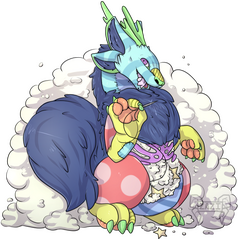 A plushie dragon unravels its own seams with a mischievous smile, fluffy stuffing material and stars fall out of its plastic ribcage.