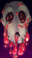 A cartoonish anthro skull bleeds a thick, viscous goo that glows like a lava lamp.