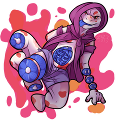 an anthro gecko, her arms, legs, and tail have been chopped up and her abdomen open to show blue innards.