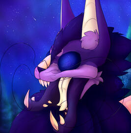A fuzzy purple alien with long ears and insectoid jaw gazes at the starry night sky. Their eyes have stars and galaxies inside them.