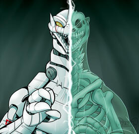 A digital portrait of Kiryu (Mechagodzilla-3), split in half with a bolt of lightning to show a Godzilla skeleton within, and a ghost of Godzilla. Kiryu appears to be sinking beneath a dark, empty sea.