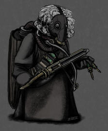 A mysterious person with wavy white hair is covered in makeshift safety gear and a homemade gas-mask. He's wearing a wooden cask on their back, that connects to the mask, and they have a bandolier of vials. They're holding a custom crossbow with vial-bolts