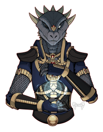 A digital portrait of a seven-horned Argonian. They are sneering towards the viewer as they conjure a ball of ice and frost from their hands. Their left eye is clouded and surrounded by scars. They wear many golden adornments.